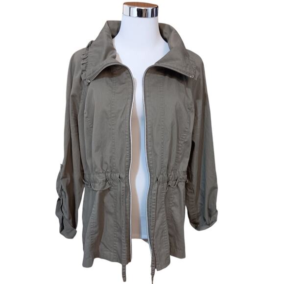 SANDRO Lightweight Jacket XL Khaki Green Zip Tie Waist Roll Tab Casual Outdoors - Picture 5 of 10